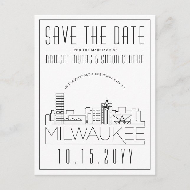 Carte Postale Milwaukee Mariage | Skyline stylisée Enregistrer l (Devant)