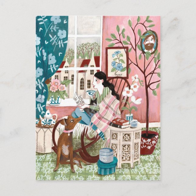 Carte Postale Mince rose confortable séjour à la maison lecture  (Devant)