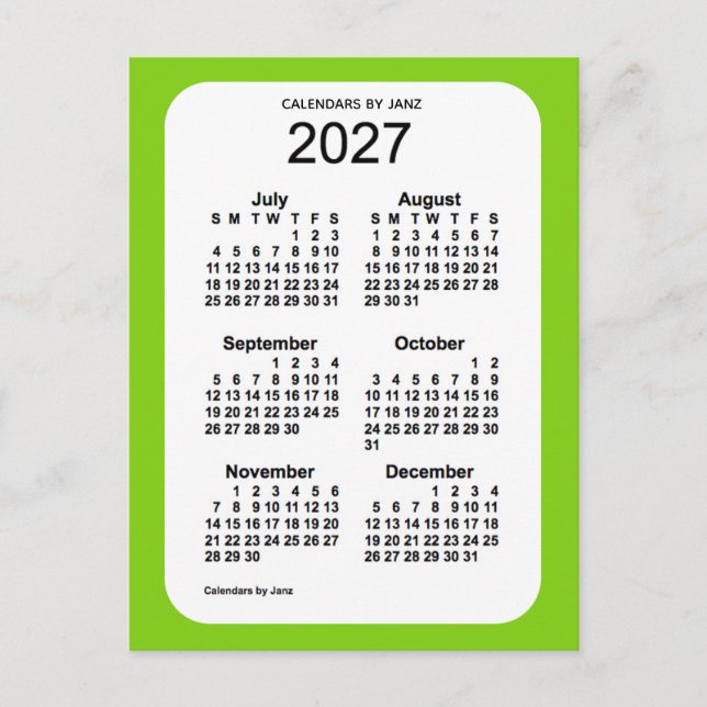 Carte Postale Mini calendrier 2027 Vert Jaune 6 mois par Janz (Devant)