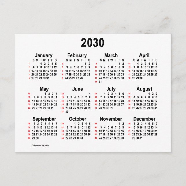 Carte Postale Mini calendrier 2030 blanc 52 semaines par Janz (Devant)
