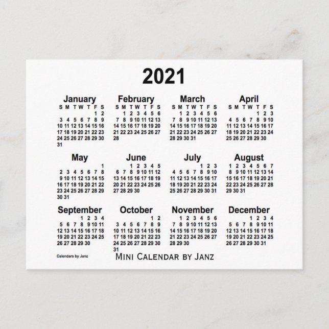 Carte Postale Mini calendrier blanc 2021 par Janz (Devant)