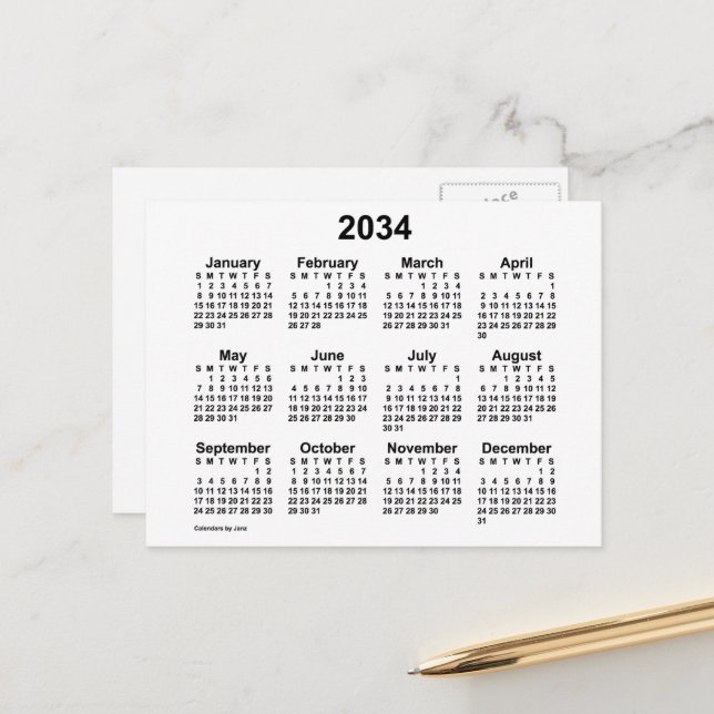 Carte Postale Mini calendrier blanc 2034 par Janz (Devant/Arrière en situation)