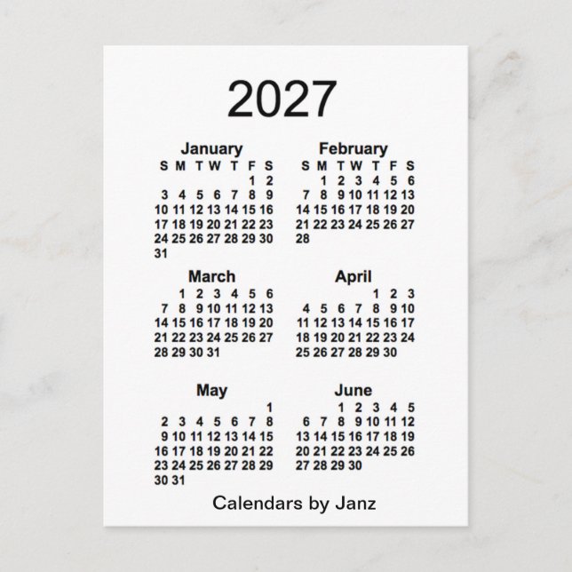 Carte Postale Mini calendrier blanc de 6 mois 2027 par Janz (Devant)