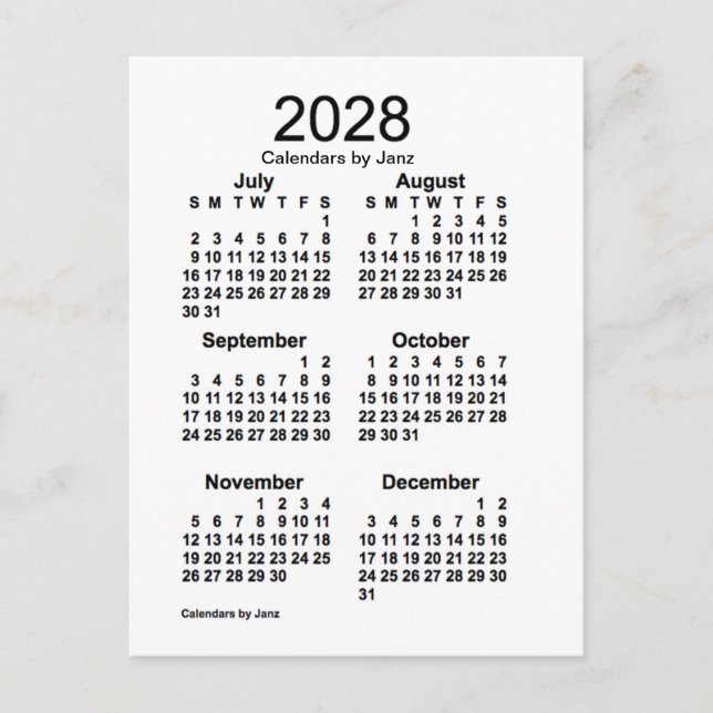 Carte Postale Mini calendrier blanc de 6 mois 2028 par Janz (Devant)