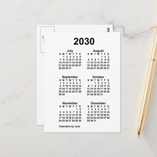 Carte Postale Mini calendrier blanc de 6 mois 2030 par Janz (Devant/Arrière en situation)