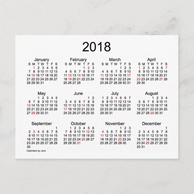 Carte Postale Mini calendrier des fêtes 2018 par Janz (Devant)