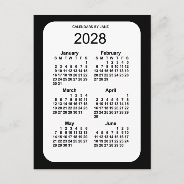 Carte Postale Mini calendrier noir 6 mois 2028 par Janz (Devant)