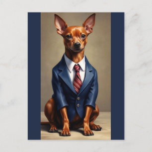 Carte Postale Miniature Pinscher Rouge Portant Costume et Cravat