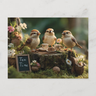 Carte Postale Miniatures d'oiseaux en figurines ayant un thé dan