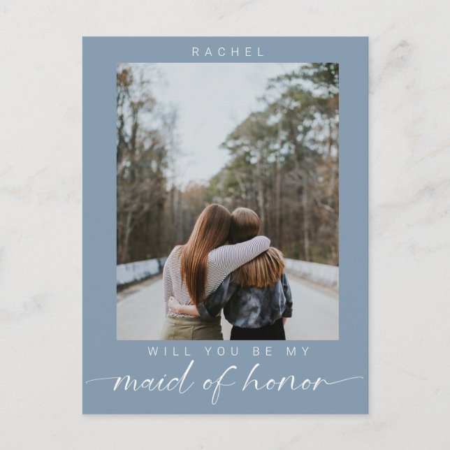 Carte Postale Minimal Will you be my Maid of Honor Photo Blue (Devant)