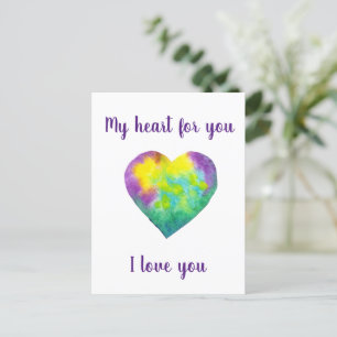 Carte Postale Minimaliste Je t'aime coeur d'aquarelle arc-en-cie