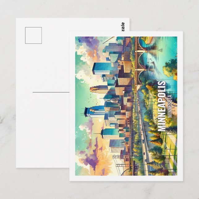 Carte Postale Minneapolis Minnesta USA Fameuse Place aquarelle (Devant / Derrière)