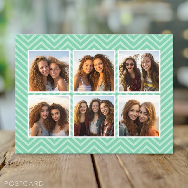 Carte Postale Mint Chevron Motif avec Collage photo 6 tendance (Custom Personalized Photo Collage Postcard)