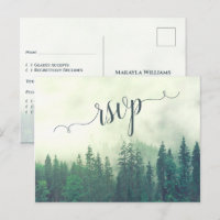 Misty Mountains Green Pine Forest Wedding RSVP