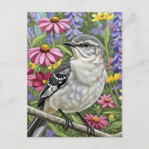 Carte Postale Mockingbird nordique avec fleurs