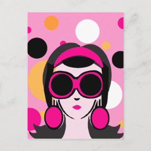 Carte Postale Mod Retro Girl Hot rose Gros Lunettes de soleil