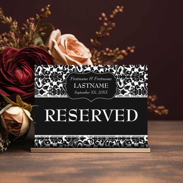 Carte Postale Modèle de Damas du panneau mariage RÉSERVÉ (Elegant Damask Table Card for Wedding or Anniversary Party - Black and White)