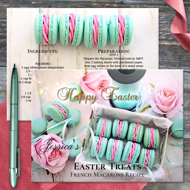 Carte postale Modèle de recettes Macarons personna (Macarons recipe postcard with a pretty image of colorful macarons with pink rose - nice for Easter)