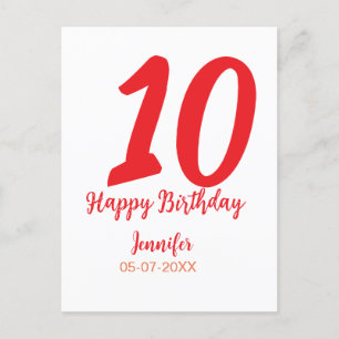 Carte Postale modèle rouge date nom année anniversaire 10 ans 