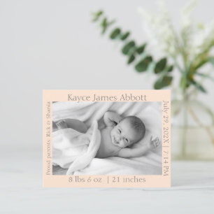 Carte Postale Modern Grey sur Pastel Saumon Faire-part de naissa