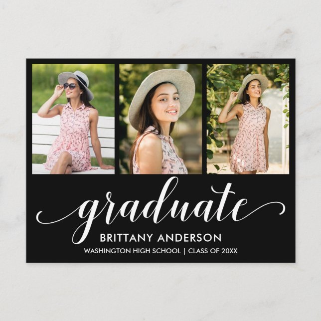 Carte Postale Moderne 3 Photo Graduation Party Script Invitation (Devant)