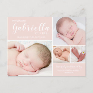 Carte postale moderne Blush Baby Girl Faire-part d