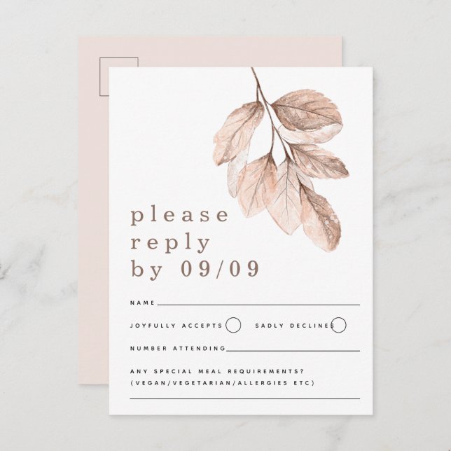 Carte postale moderne Blush Feuille Wedding RSVP (Devant / Derrière)