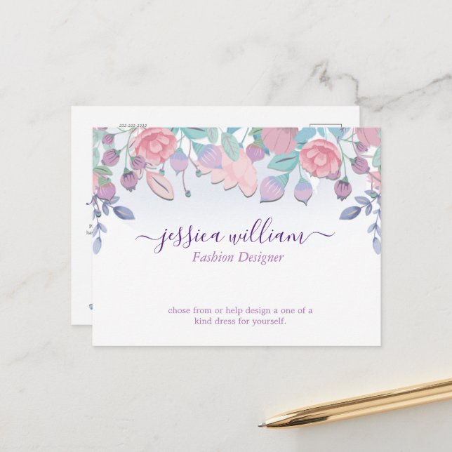 Carte Postale Moderne Chic Aquarelle Bleu Hydrangée Florale (Devant/Arrière en situation)