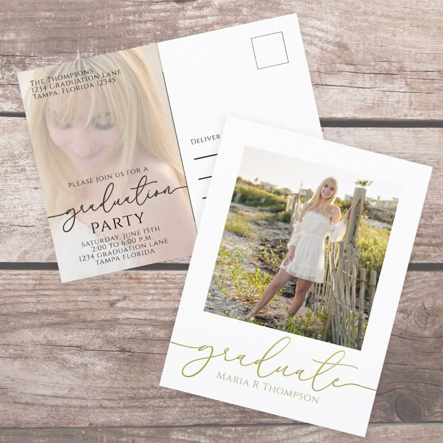 Carte Postale Moderne Diplômé Simple Élégant Or Deux Photo (Elegant Graduation photo invitation postcard with a 2-photo template. )
