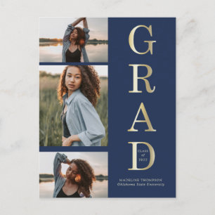 Carte Postale Moderne Elégant Marine Bleu Or 3 Photo Graduation