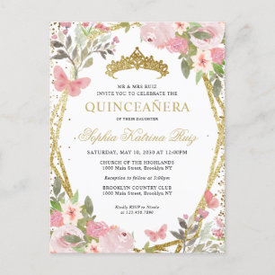 Carte Postale Moderne Floral rose rose or Tiara Quinceañera