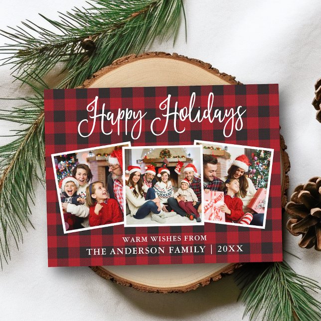 Carte Postale Moderne Fun Calliage 3 Photo Plaid Holiday (Customize to change your personalized text size or text style.)