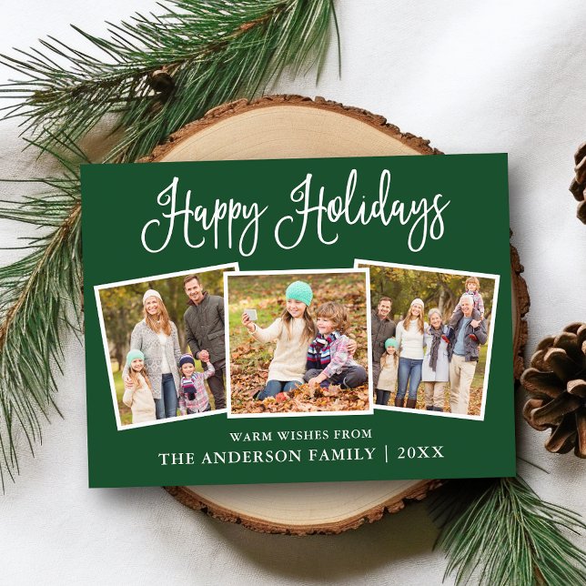 Carte Postale Moderne Fun Calliage Vert 3 Photo Vacances (Customize to change your personalized text size or text style.)