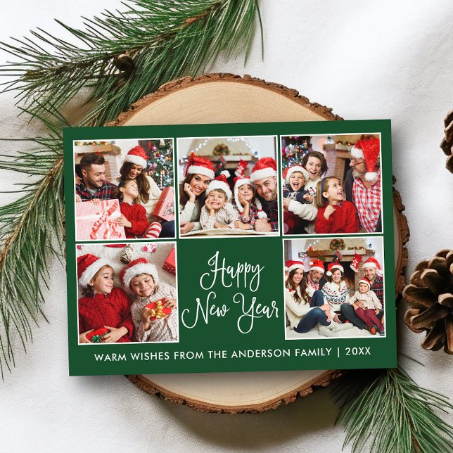 Carte Postale Moderne Fun Calligraphie Vert 5 Photo Nouvel An (Customize to change your personalized text size or text style.)