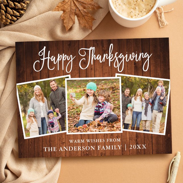 Carte Postale Moderne Fun Calligraphy Wood 3 Photos Thanksgiving (Customize to change your personalized text size or text style.)