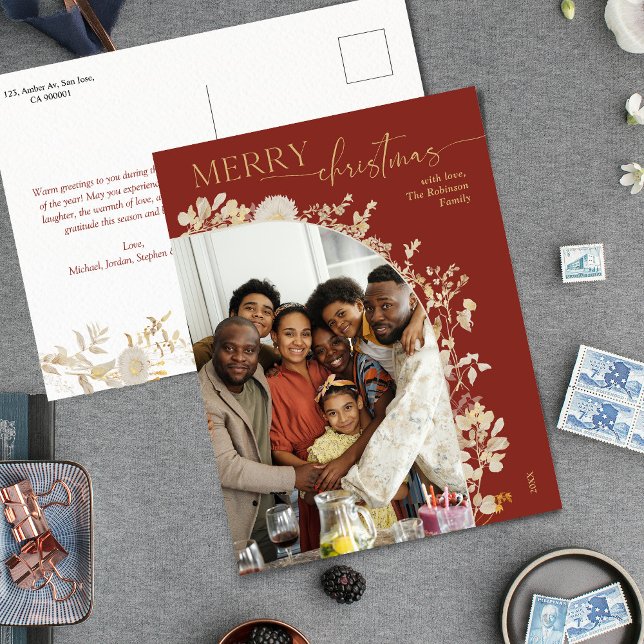 Carte postale moderne Gold Floral Classic Red Chri (Créateur téléchargé)