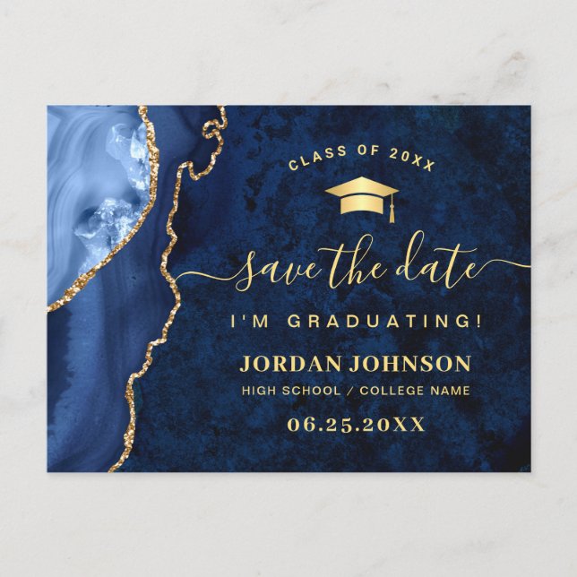 Carte Postale Moderne Gold Marine Bleu Graduation Enregistrer la (Devant)