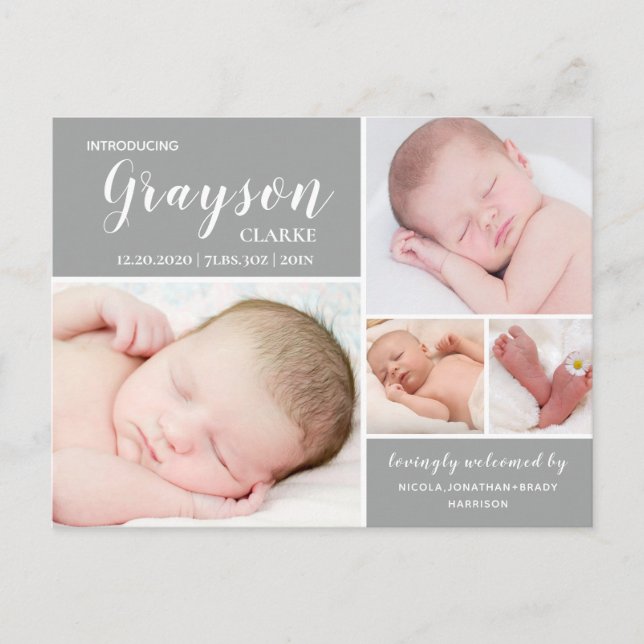 Carte postale moderne Gris Faire-part de naissance (Devant)