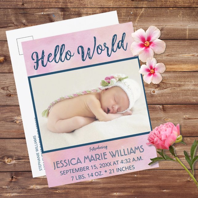 Carte postale moderne Pink Girl Baby Faire-part Ph (Modern Pink Girl Baby Announcement Photo Postcard)