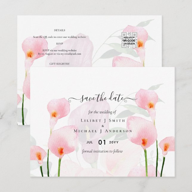 Carte Postale Moderne rose Calla Lily Mariage Enregistrer Date Q (Devant / Derrière)