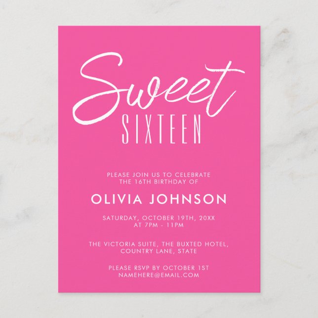 Carte Postale Moderne rose vif Sweet Sixteen 16e anniversaire (Devant)