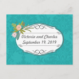 Carte Postale Moderne Turquoise rose et corail Mariage damassé