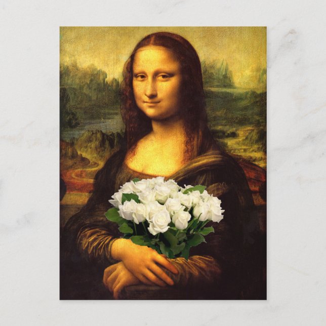 Carte Postale Mona Lisa Avec Bouquet De Roses Blanches (Devant)