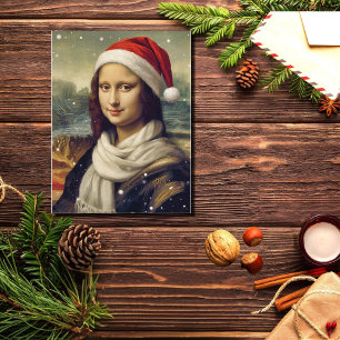 Carte Postale Mona Lisa avec un chapeau de Père Noël - ambiance 
