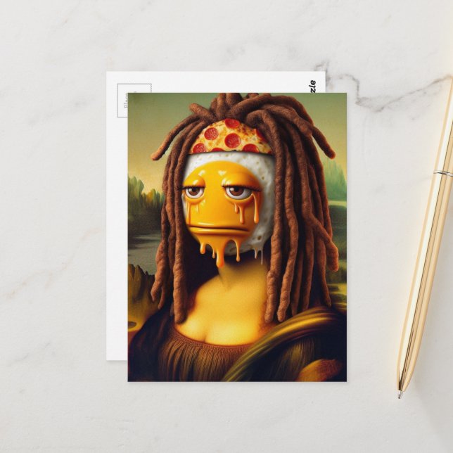 Carte Postale Mona Lisa bouffonne Pizza et Œuf en dreadlocks (Devant/Arrière en situation)