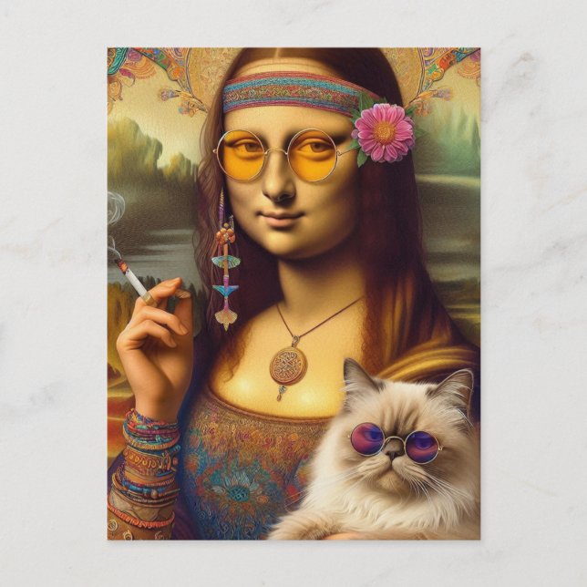 Carte Postale Mona Lisa et son Himalaya Chat Fumer (Devant)