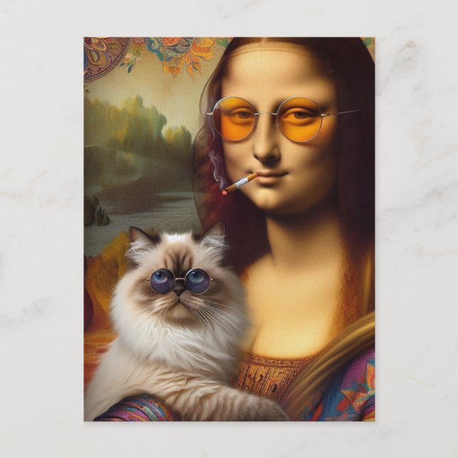 Carte Postale Mona Lisa Fumer et son chat himalayen (Devant)