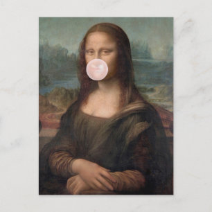 Carte Postale Mona Lisa soufflant un bubble gum rose 