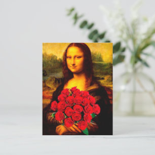 Carte Postale Mona Lisa tenant des roses rouges Leonardo Da Vinc
