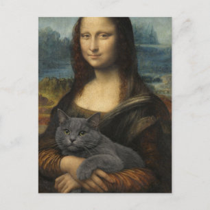 Carte Postale Mona Lisa tenant un élégant chat gris             